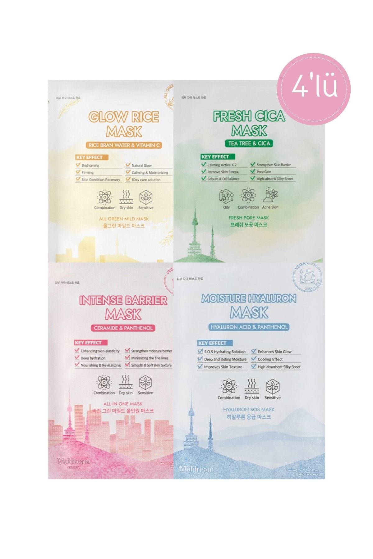 Kore Yüz Maske Seti 4’lü – Aydınlatıcı, Nemlendirici, Onarıcı (4 Al 3 Öde)